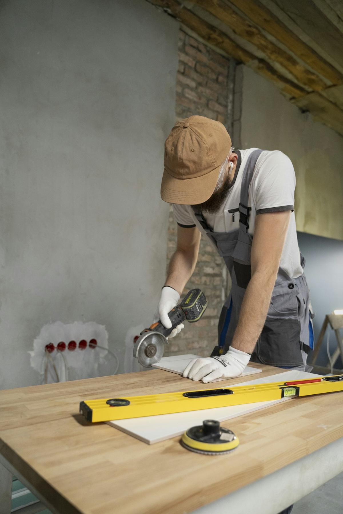 Handyman measuring and cutting tile